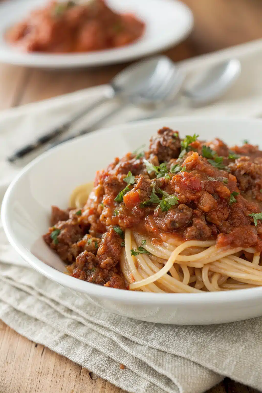 Bolognese Sauce slice on plate showing perfect texture and swirl pattern