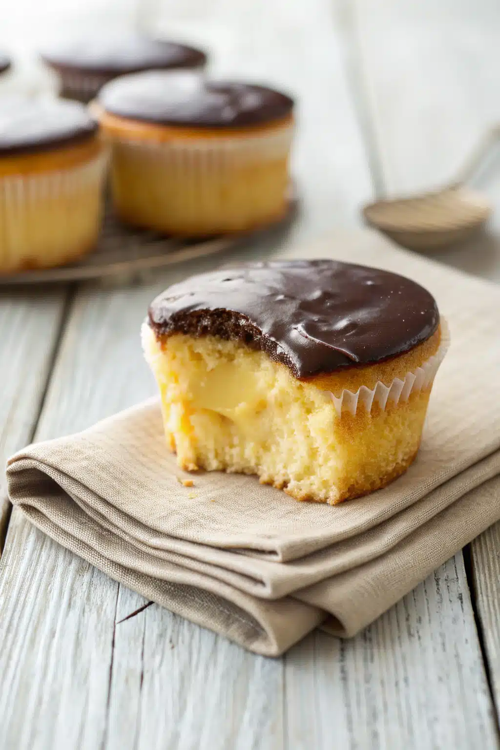 Boston Cream Cupcakes slice on plate showing perfect texture and swirl pattern