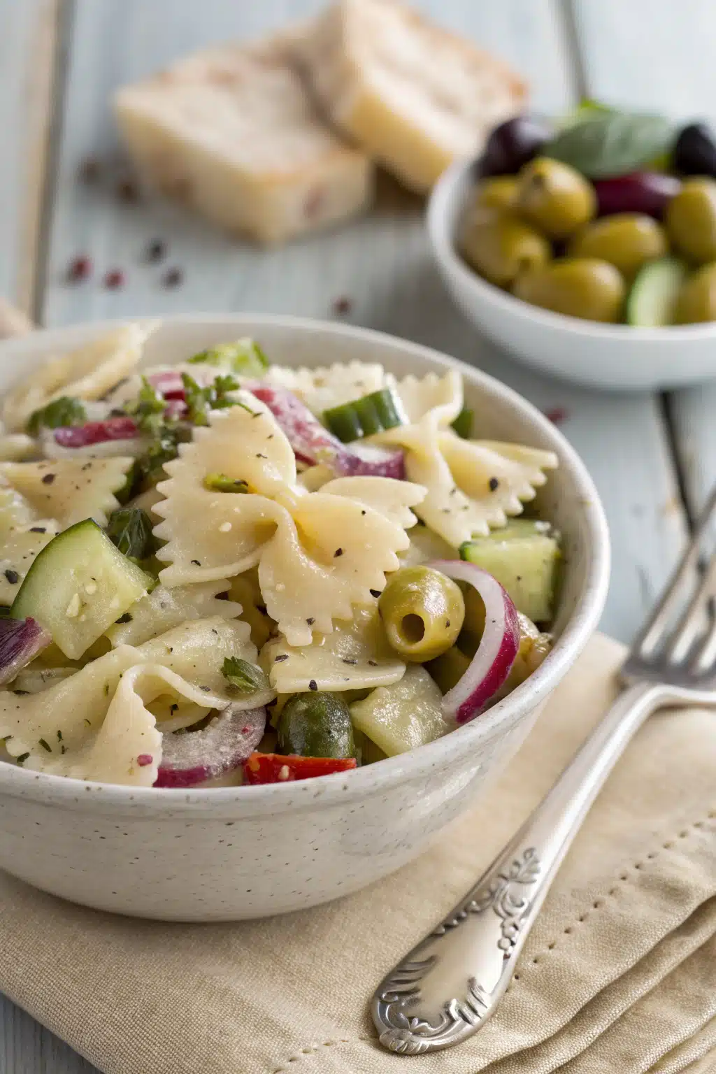 Bow Tie Pasta Salad ingredients organized and measured on kitchen counter