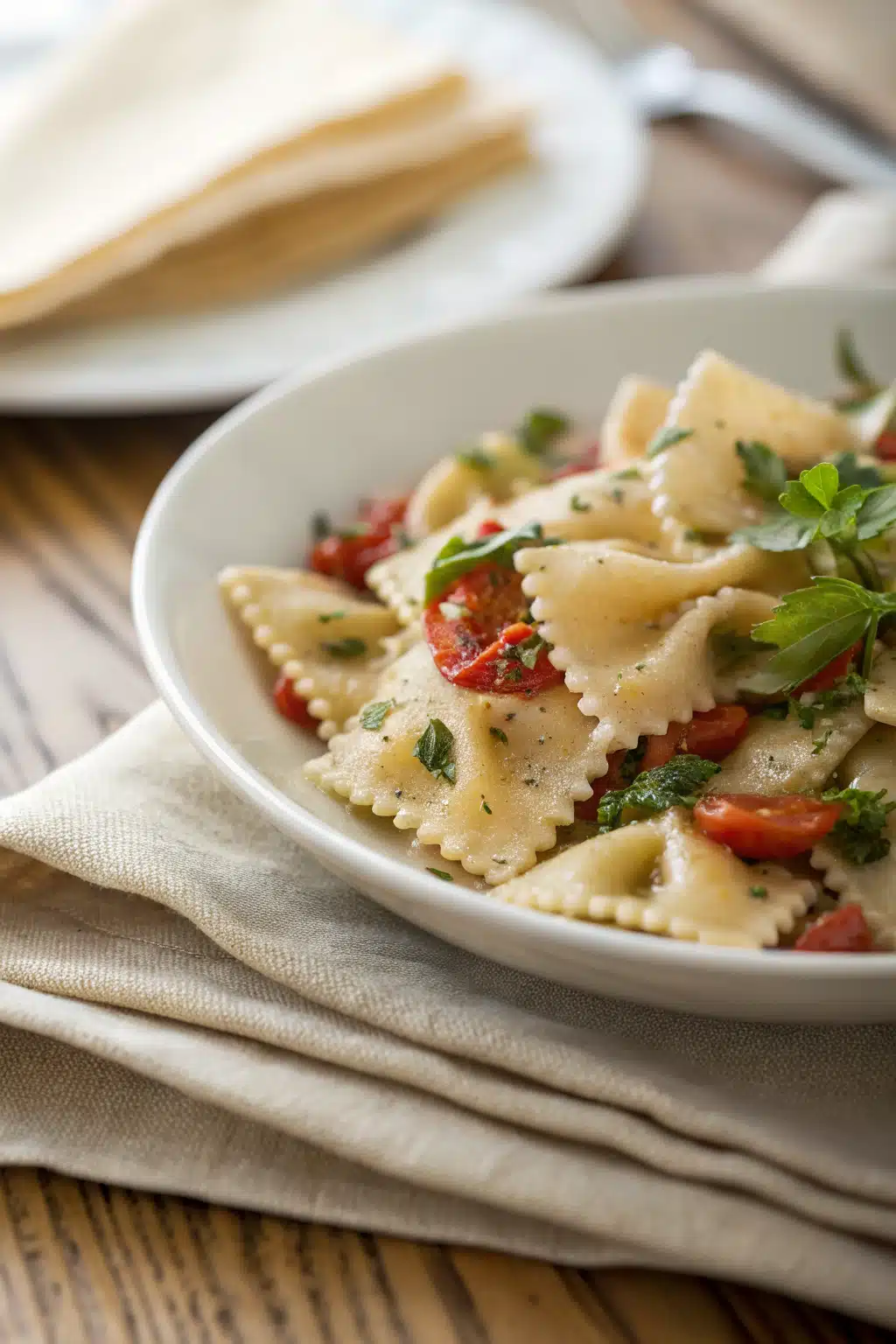 Bow Tie Pasta Salad slice on plate showing perfect texture and swirl pattern