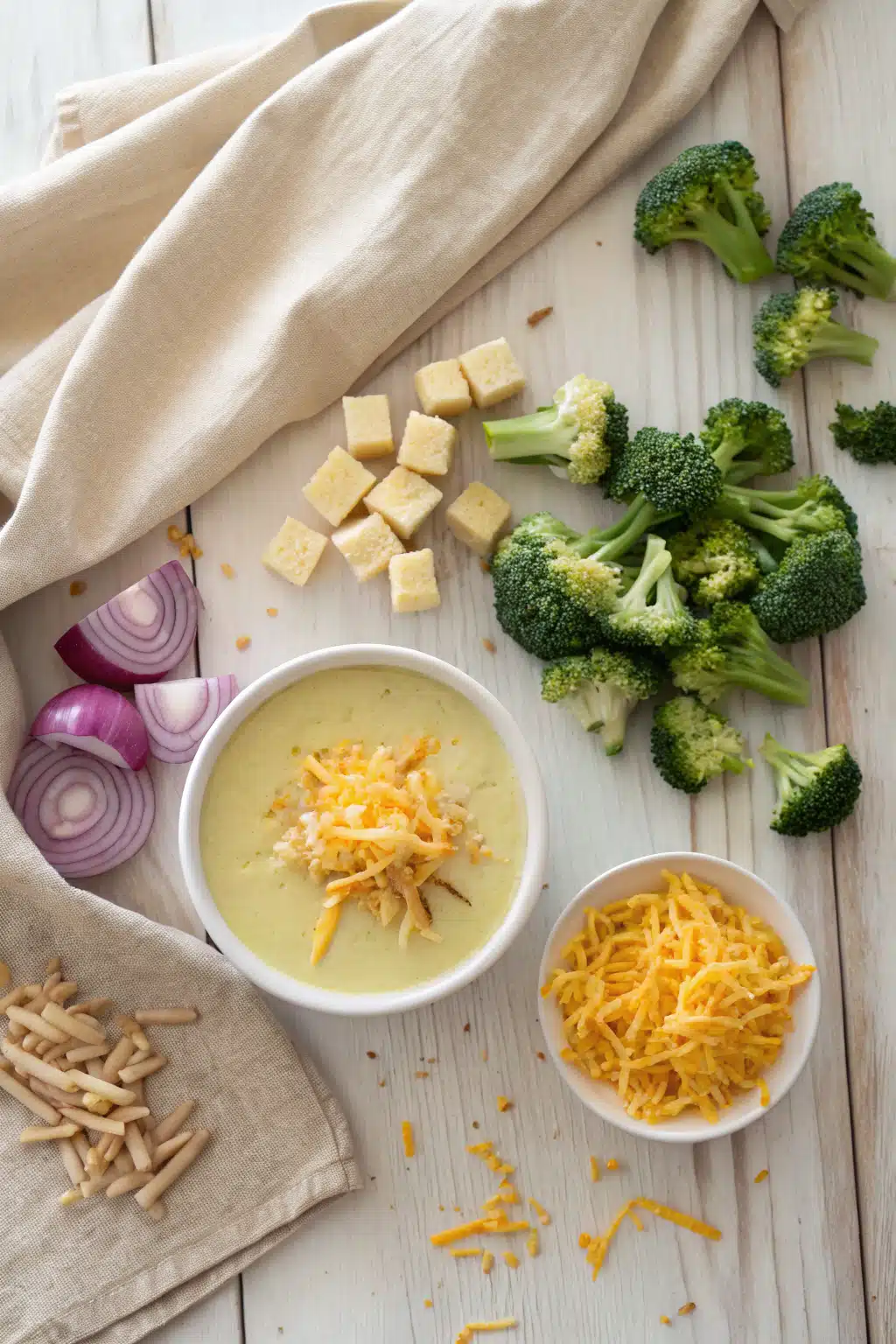 Broccoli Cheese Soup beautifully presented from an overhead angle