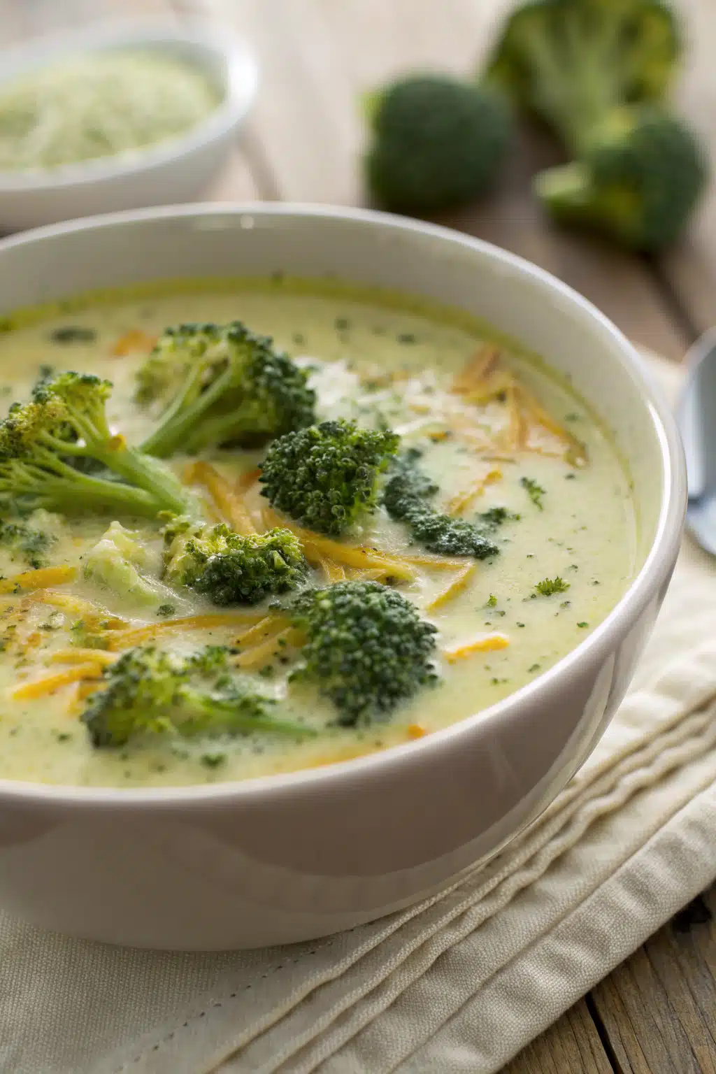 Broccoli Cheese Soup slice on plate showing perfect texture and swirl pattern