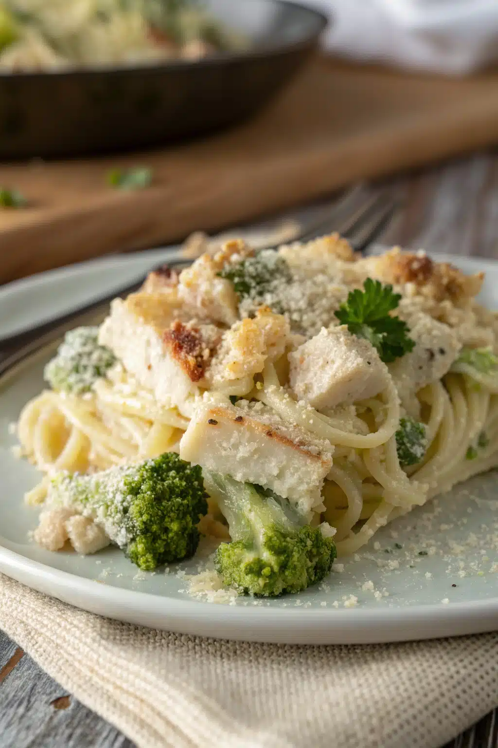 Broccoli Chicken Pasta slice on plate showing perfect texture and swirl pattern