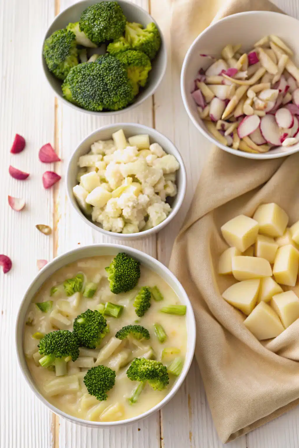 Broccoli and Potato Soup beautifully presented from an overhead angle
