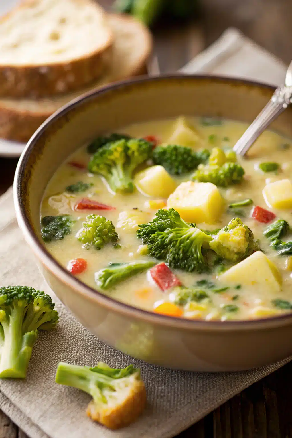 Broccoli and Potato Soup ingredients organized and measured on kitchen counter