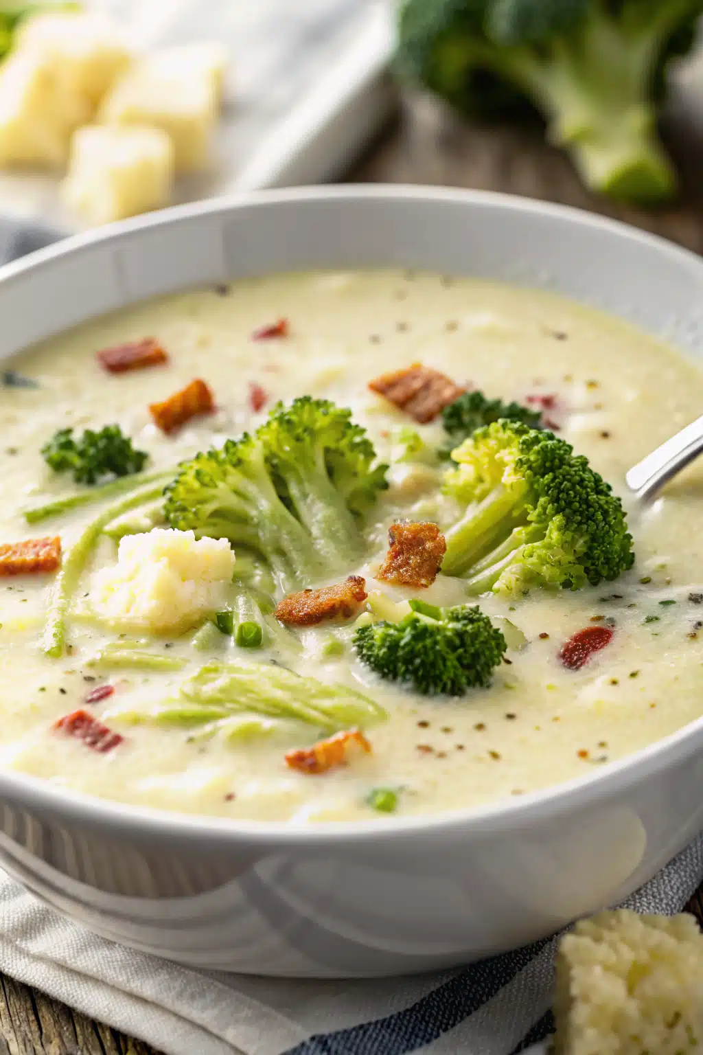 Broccoli and Potato Soup slice on plate showing perfect texture and swirl pattern
