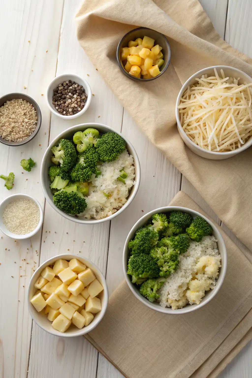 Broccoli Rice Casserole beautifully presented from an overhead angle