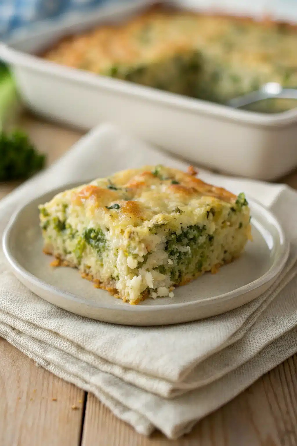 Broccoli Rice Casserole slice on plate showing perfect texture and swirl pattern
