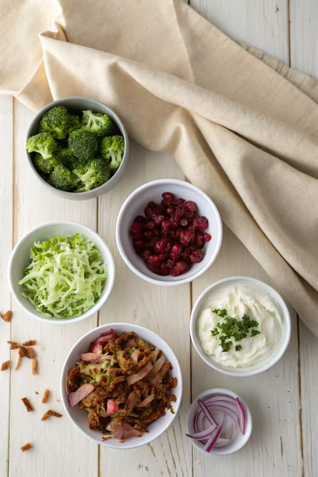 Broccoli Salad Recipe beautifully presented from an overhead angle