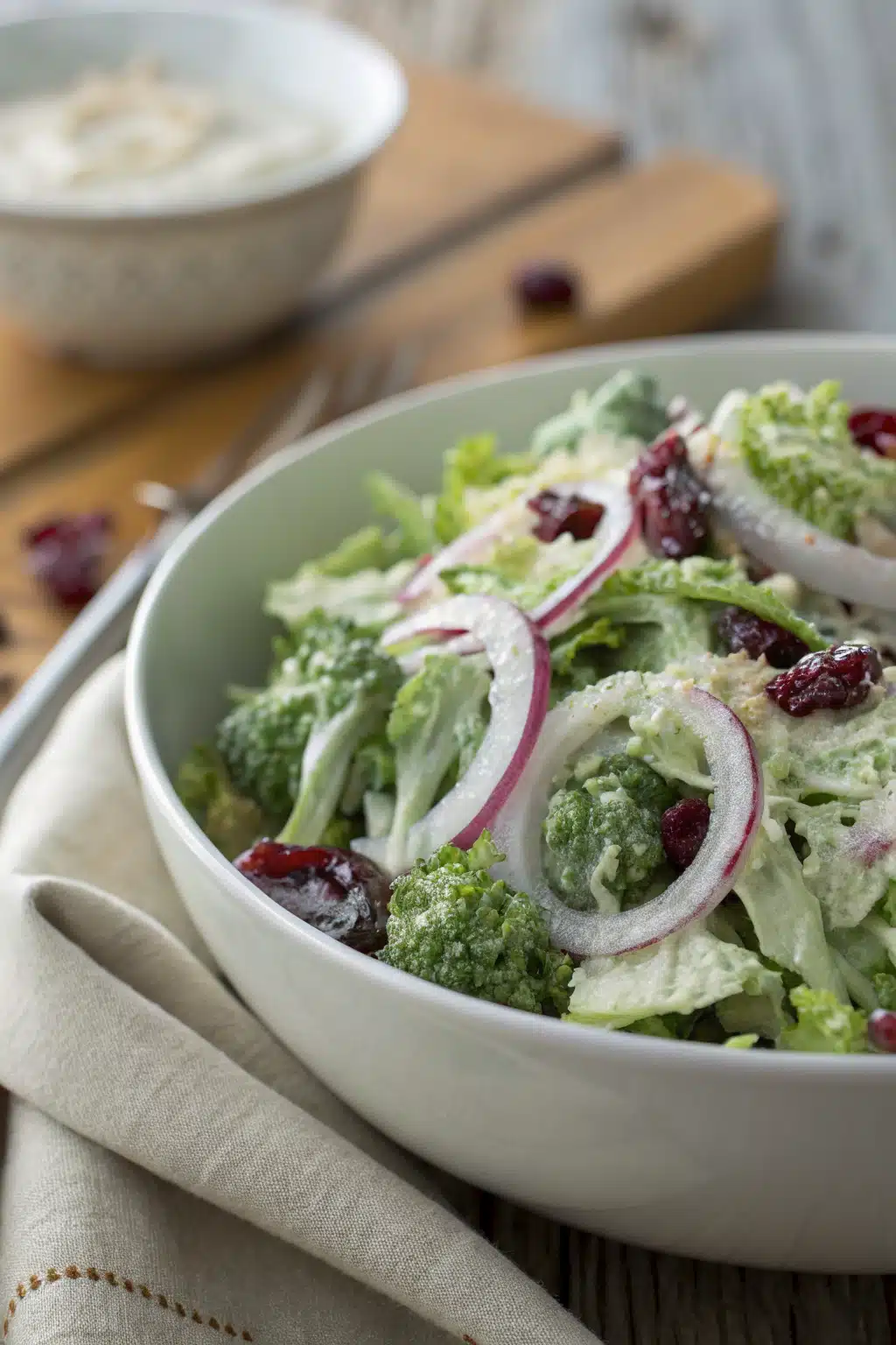 Broccoli Salad Recipe slice on plate showing perfect texture and swirl pattern