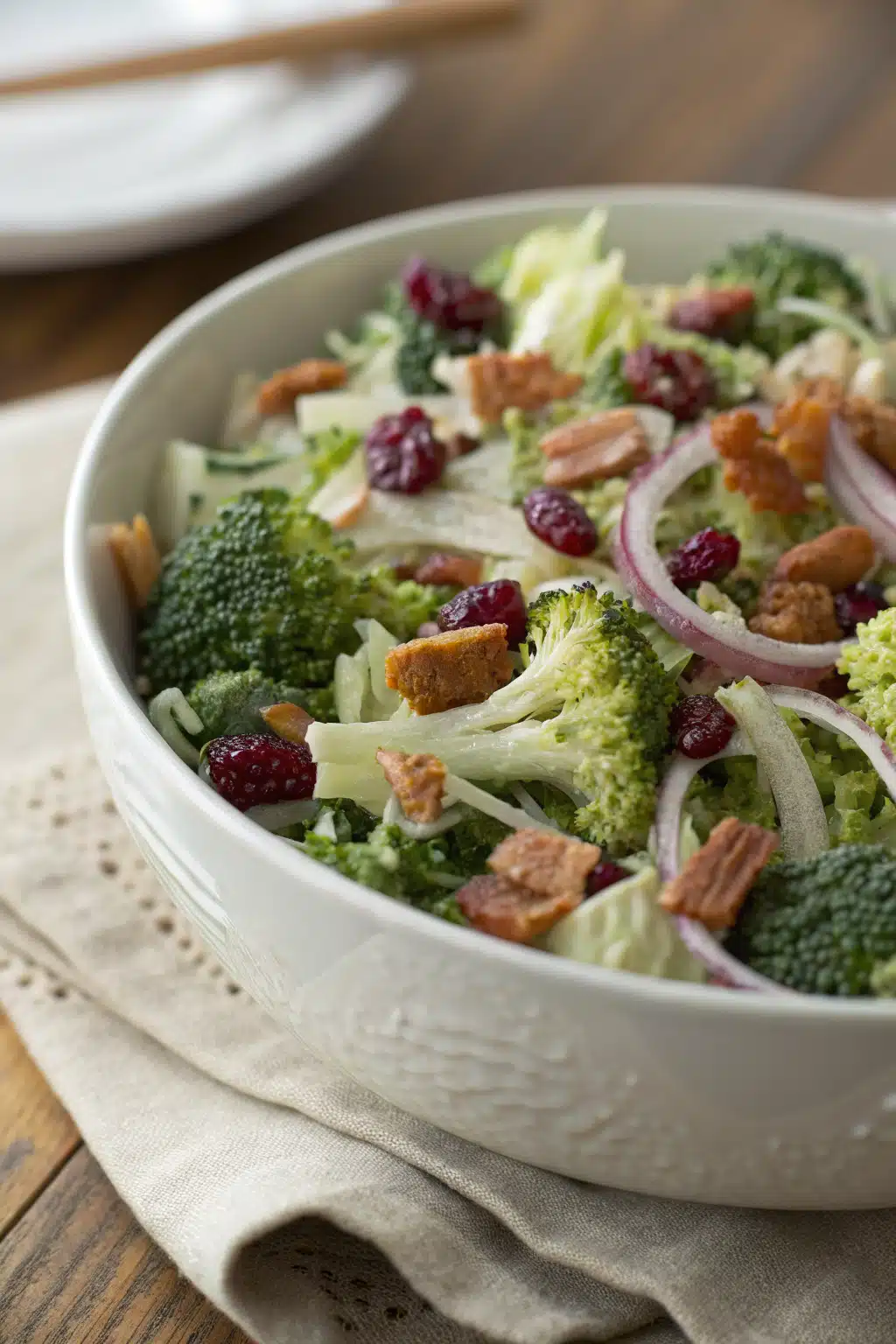 Broccoli Salad slice on plate showing perfect texture and swirl pattern