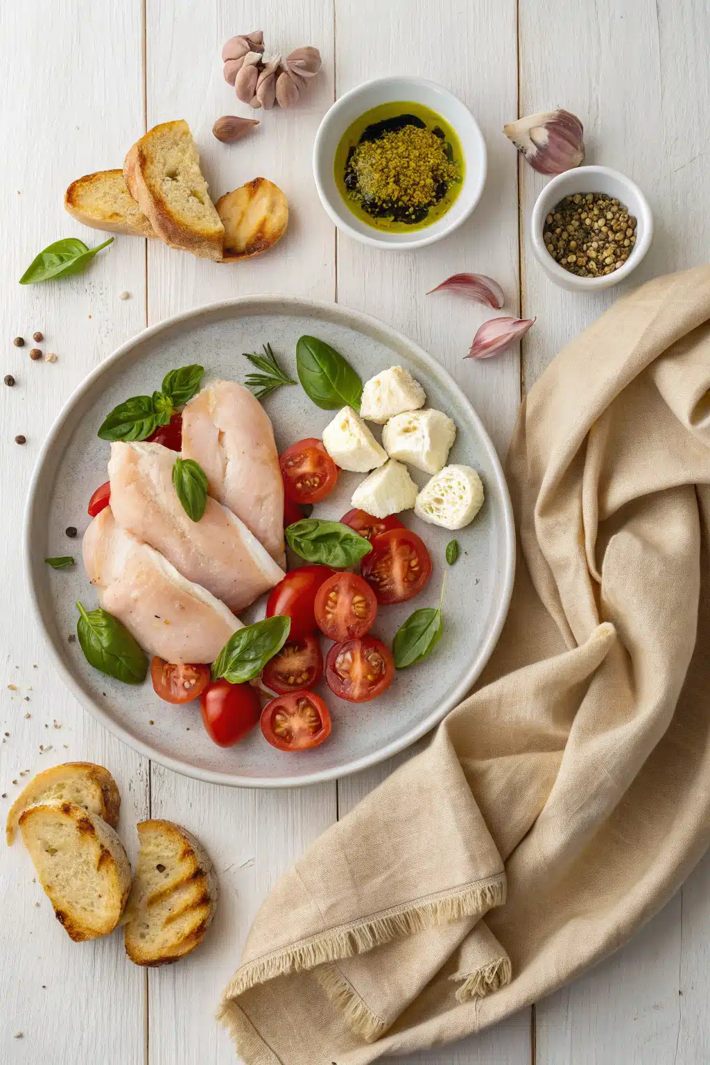 Bruschetta Chicken beautifully presented from an overhead angle