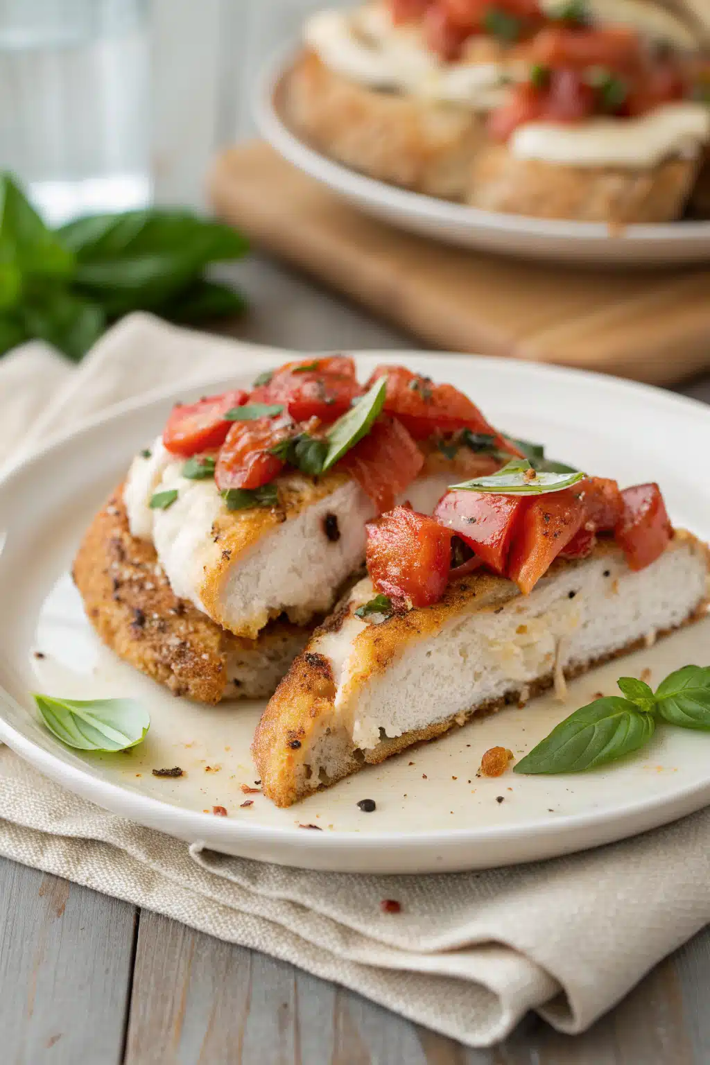 Bruschetta Chicken slice on plate showing perfect texture and swirl pattern