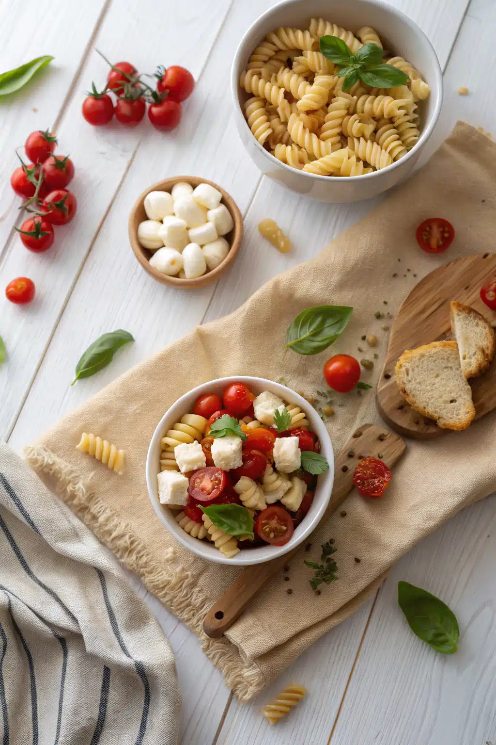 Bruschetta Pasta Salad beautifully presented from an overhead angle