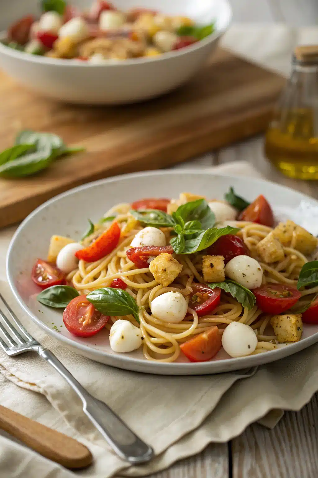 Bruschetta Pasta Salad ingredients organized and measured on kitchen counter