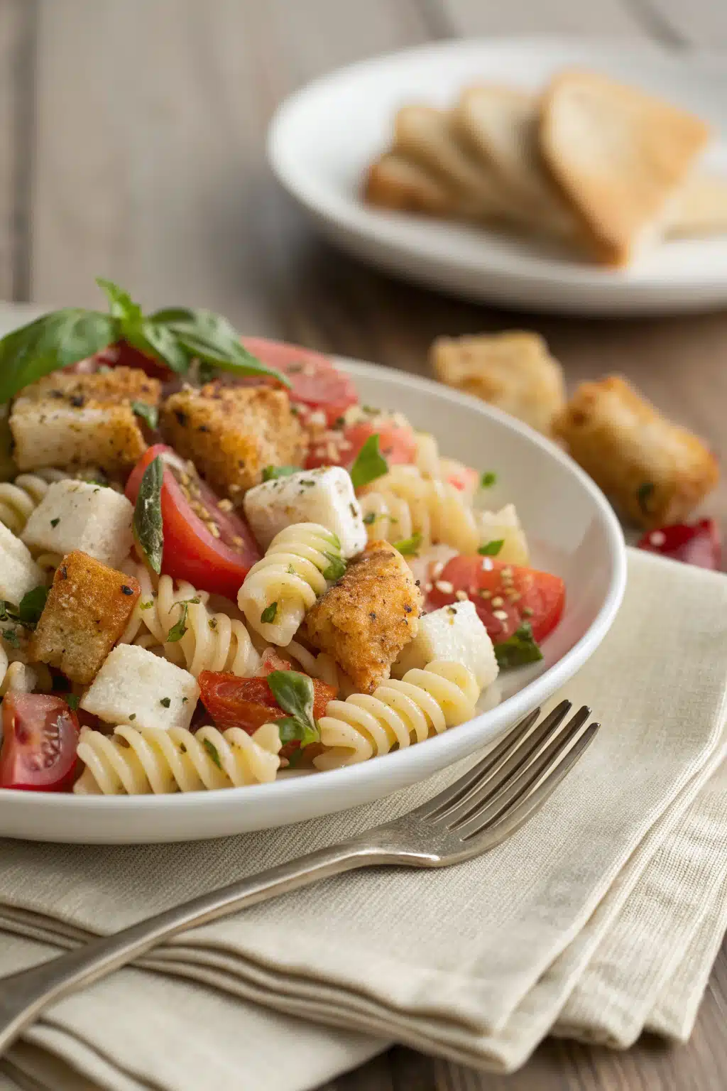 Bruschetta Pasta Salad slice on plate showing perfect texture and swirl pattern