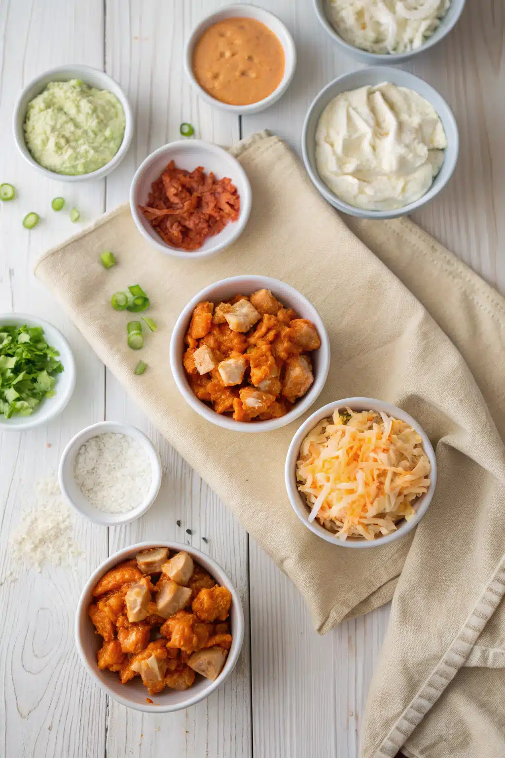 Buffalo Chicken Bites beautifully presented from an overhead angle