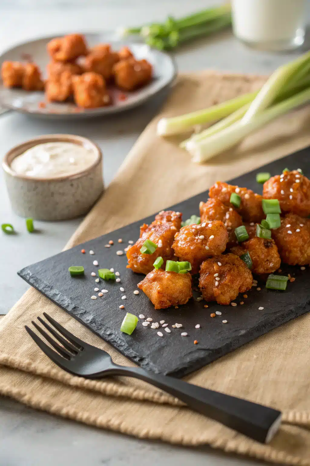 Buffalo Chicken Bites ingredients organized and measured on kitchen counter