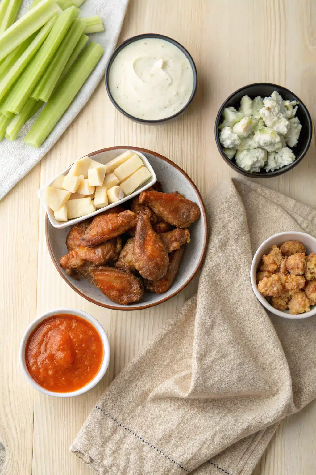 Buffalo Chicken beautifully presented from an overhead angle