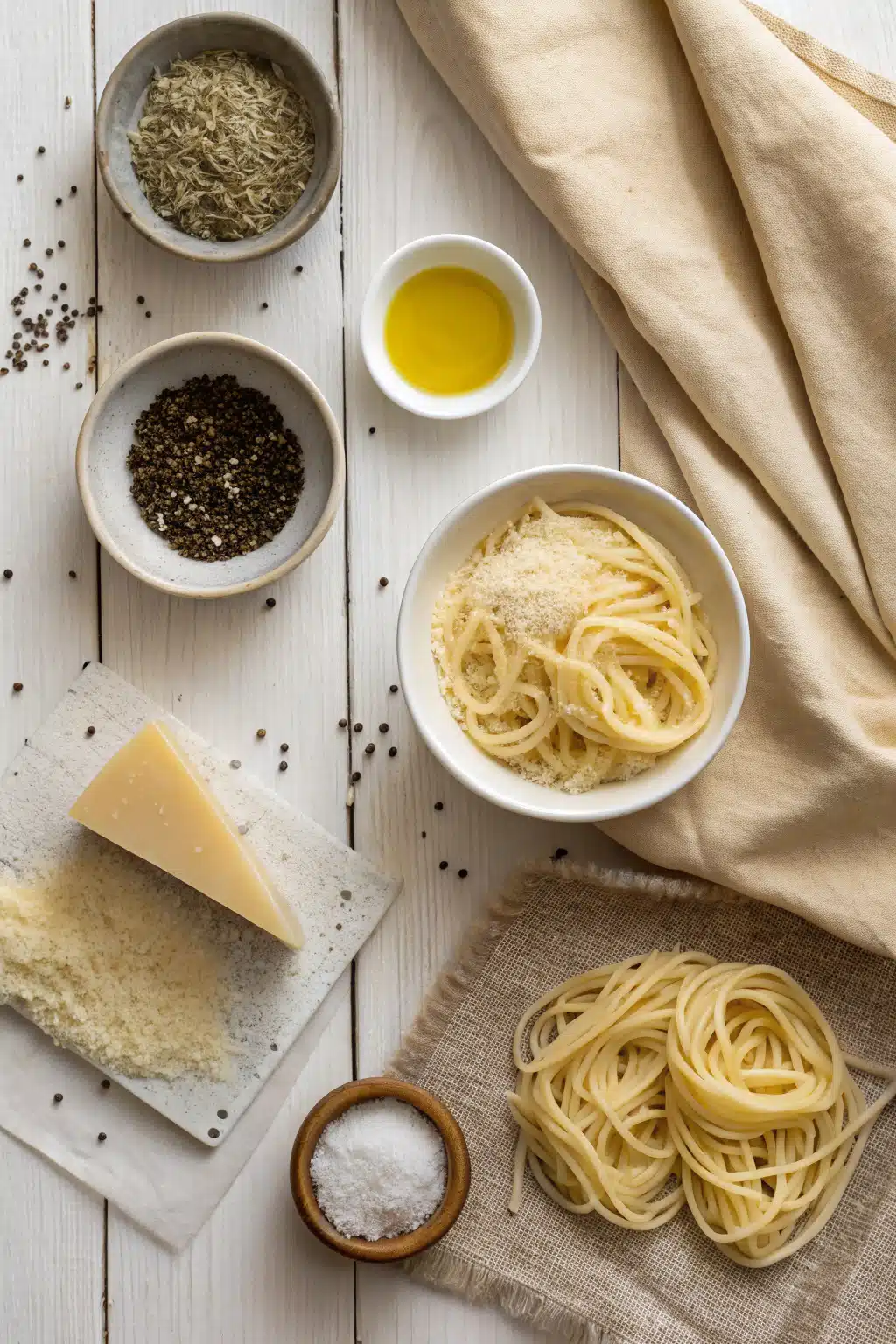 Cacio E Pepe beautifully presented from an overhead angle