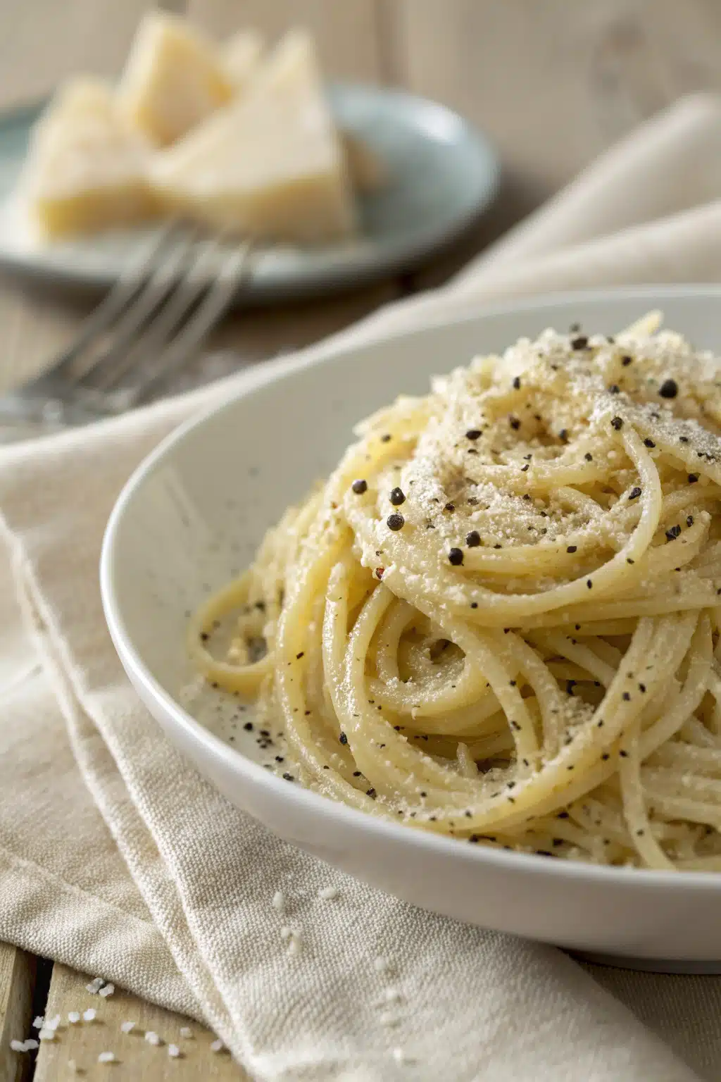 Cacio E Pepe slice on plate showing perfect texture and swirl pattern