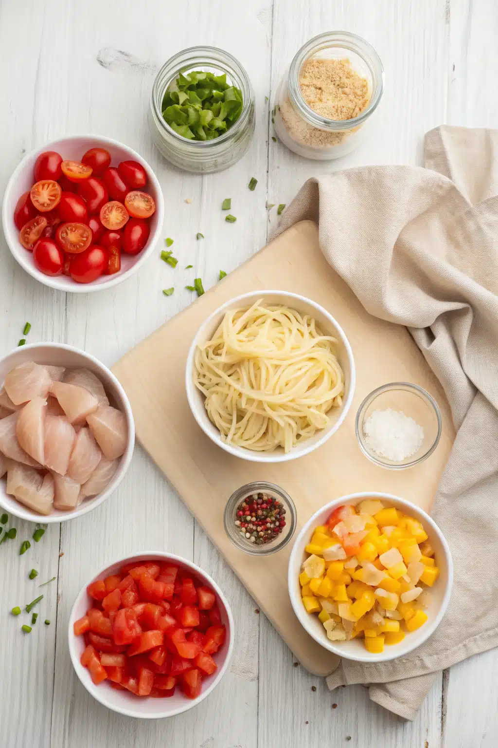 Cajun Chicken Pasta beautifully presented from an overhead angle
