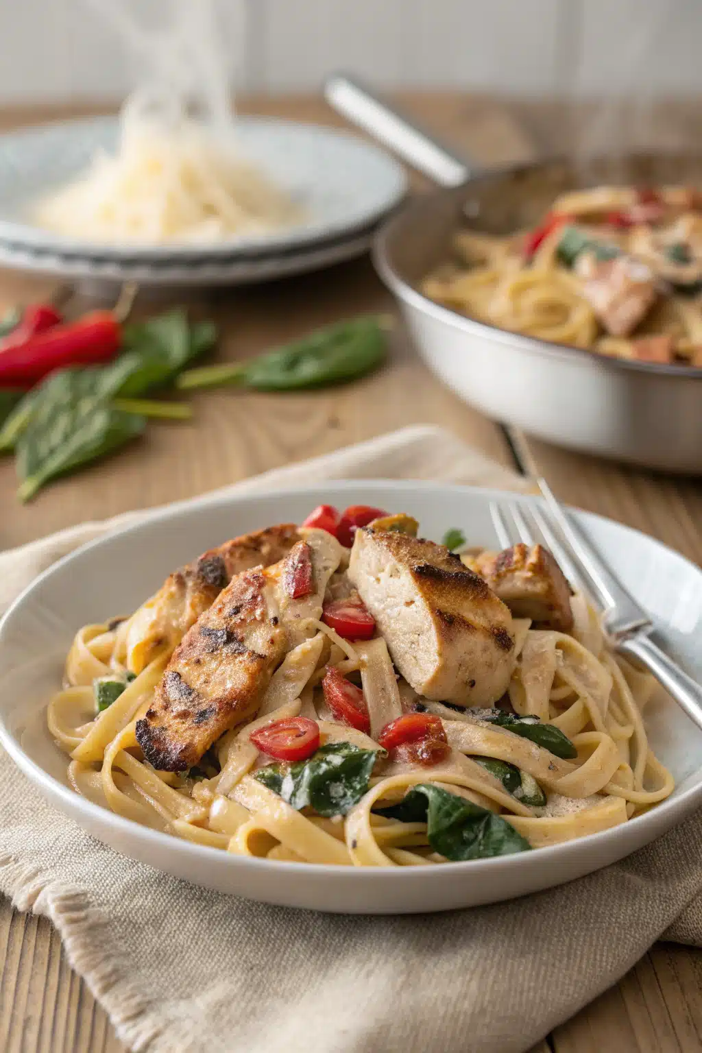 Cajun Chicken Pasta ingredients organized and measured on kitchen counter