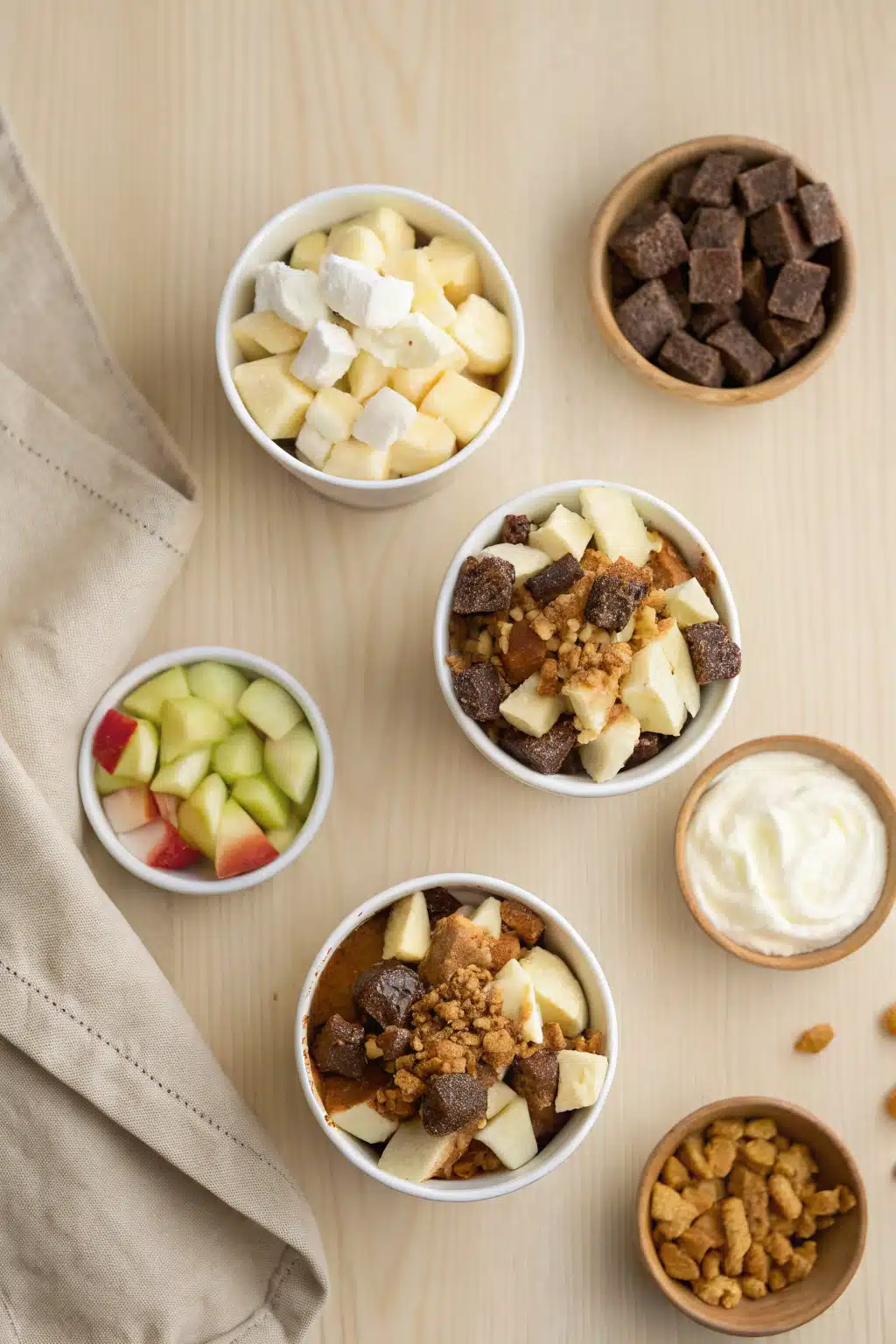 Caramel Apple Snickers Salad beautifully presented from an overhead angle