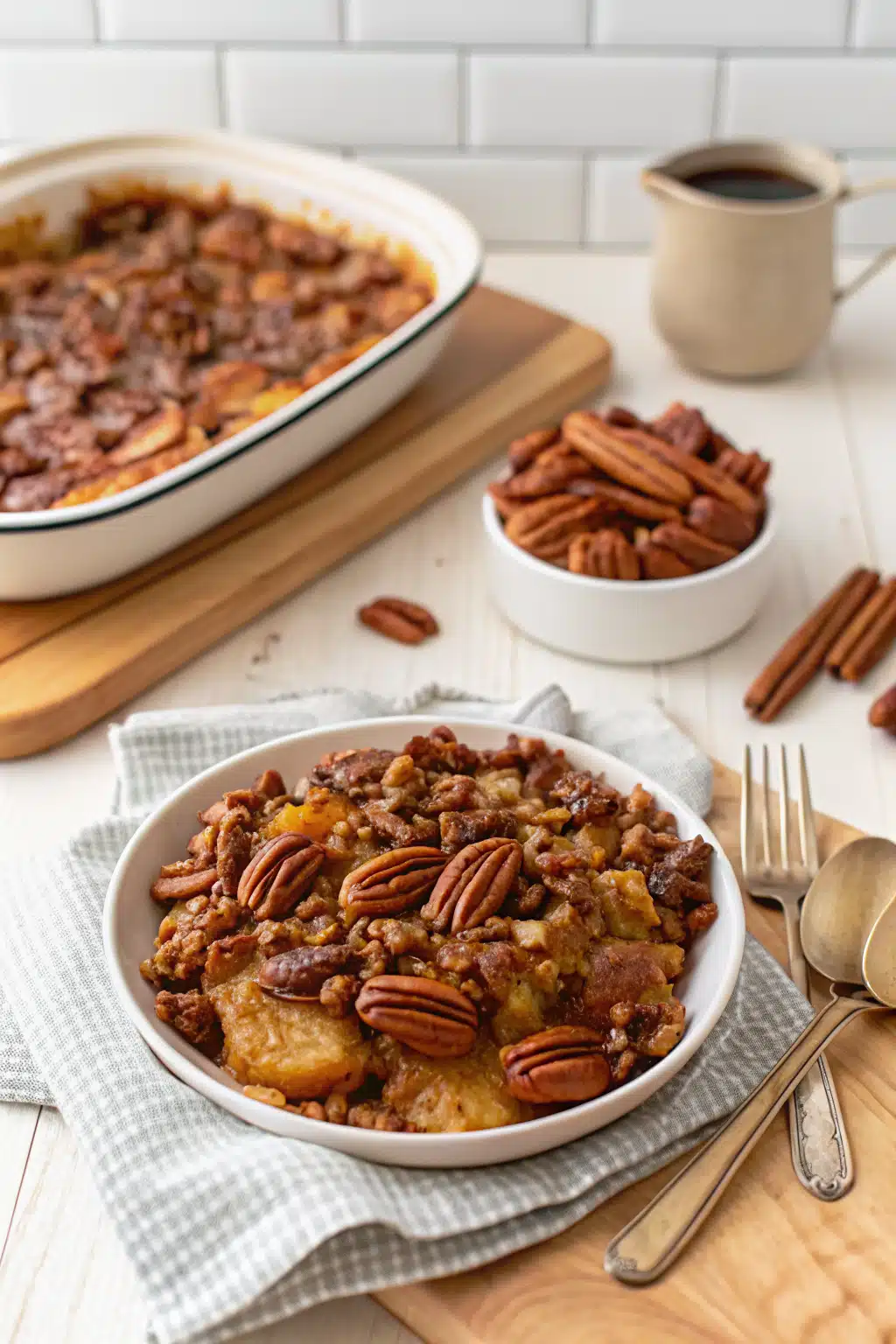 Caramel Pecan Breakfast Casserole beautifully presented from an overhead angle