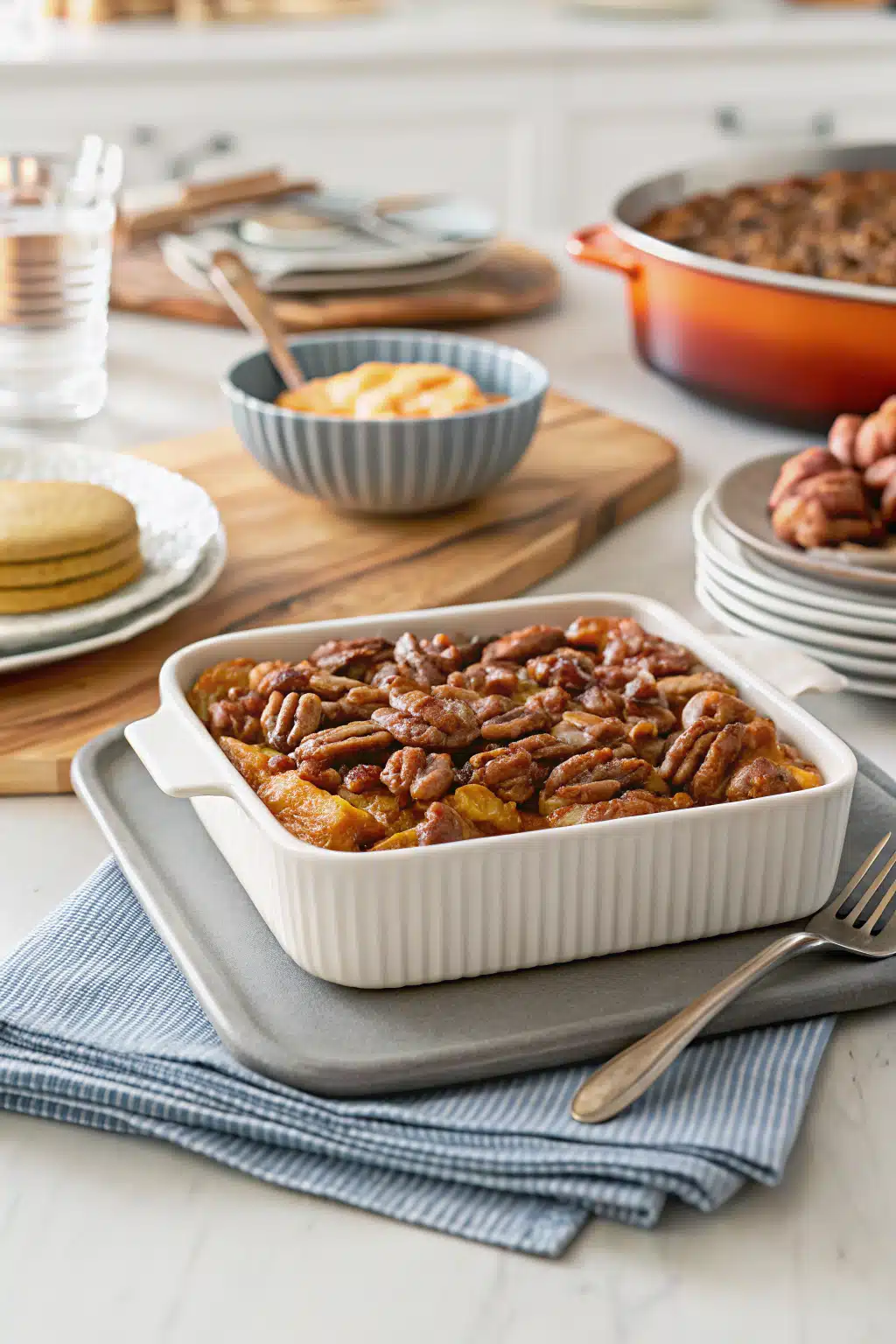 Caramel Pecan Breakfast Casserole ingredients organized and measured on kitchen counter