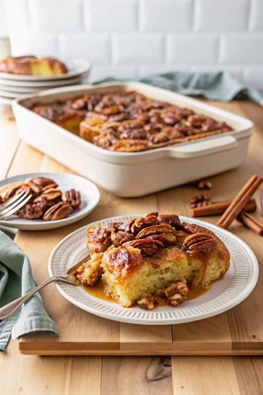 Caramel Pecan Breakfast Casserole slice on plate showing perfect texture and swirl pattern
