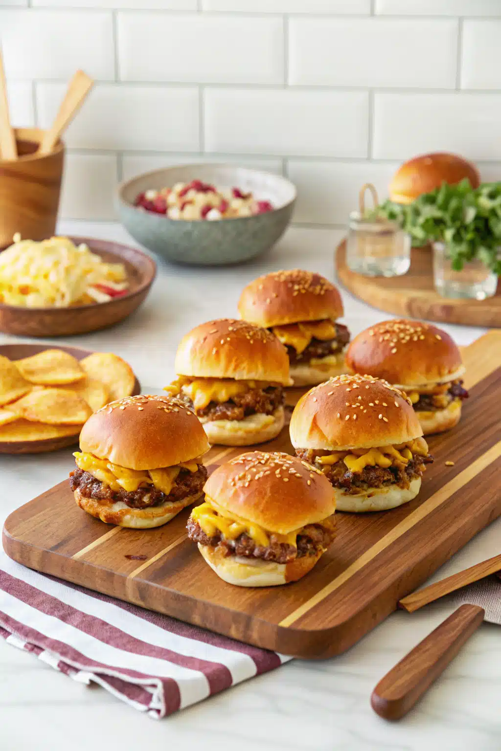 Cheeseburger Sliders beautifully presented from an overhead angle