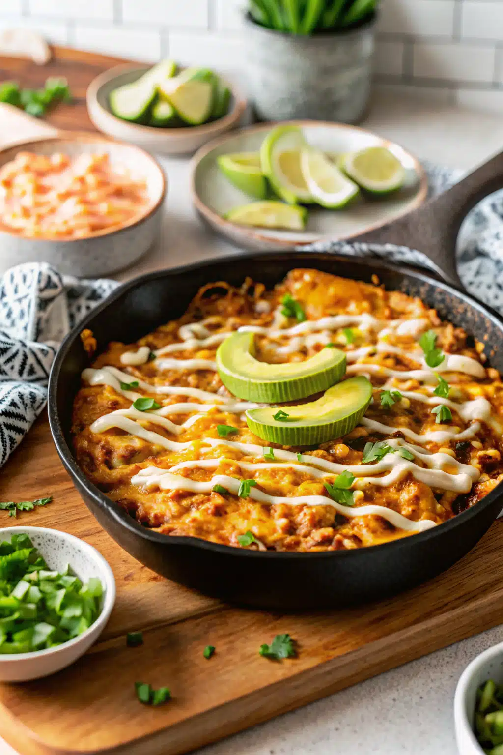 Cheesy Rotisserie Chicken Enchilada Skillet beautifully presented from an overhead angle