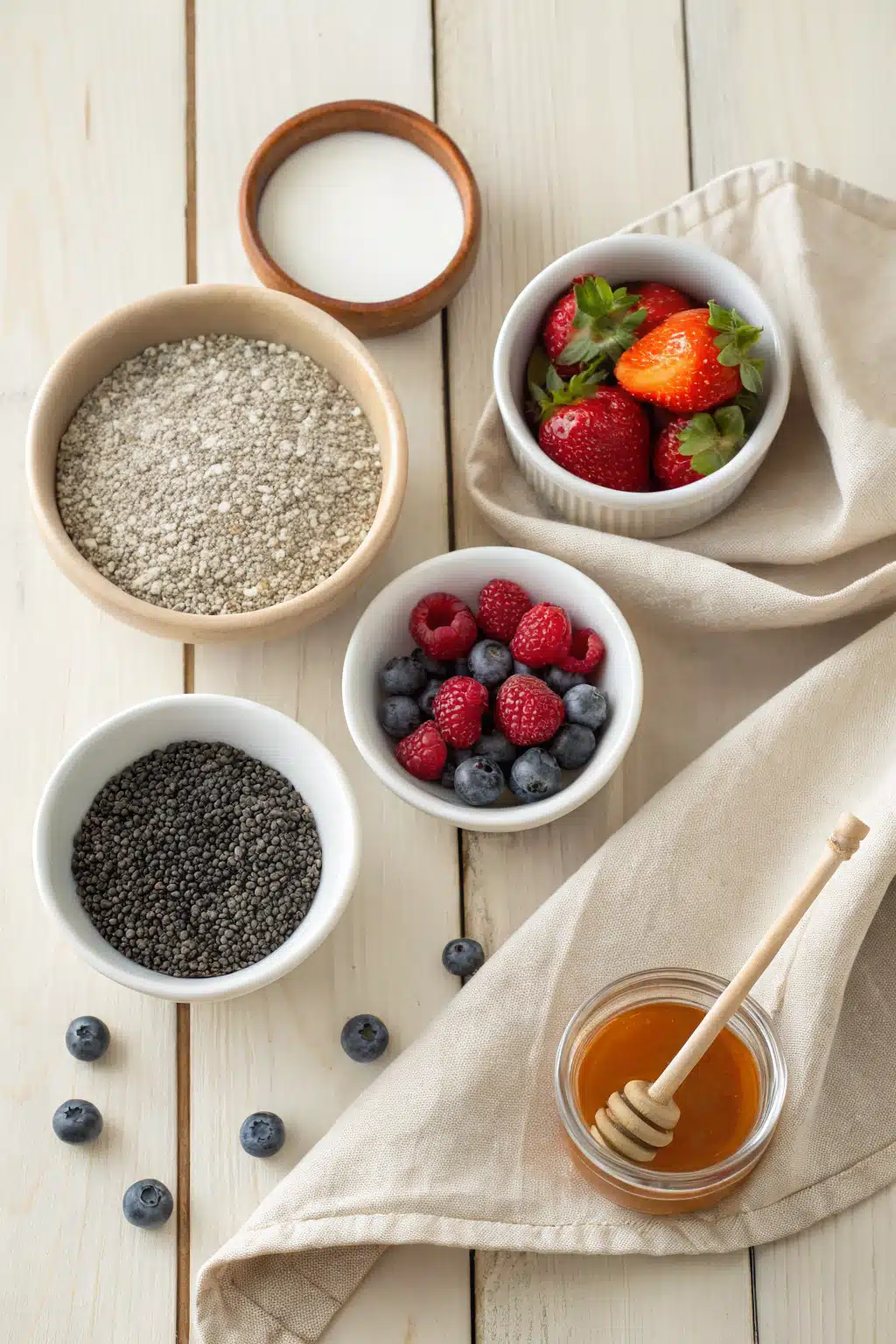 Chia Seed Pudding beautifully presented from an overhead angle