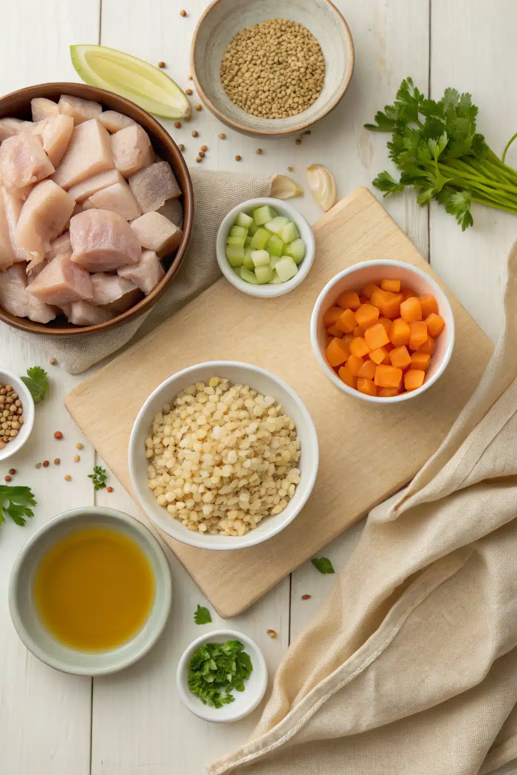 Chicken Barley Soup beautifully presented from an overhead angle