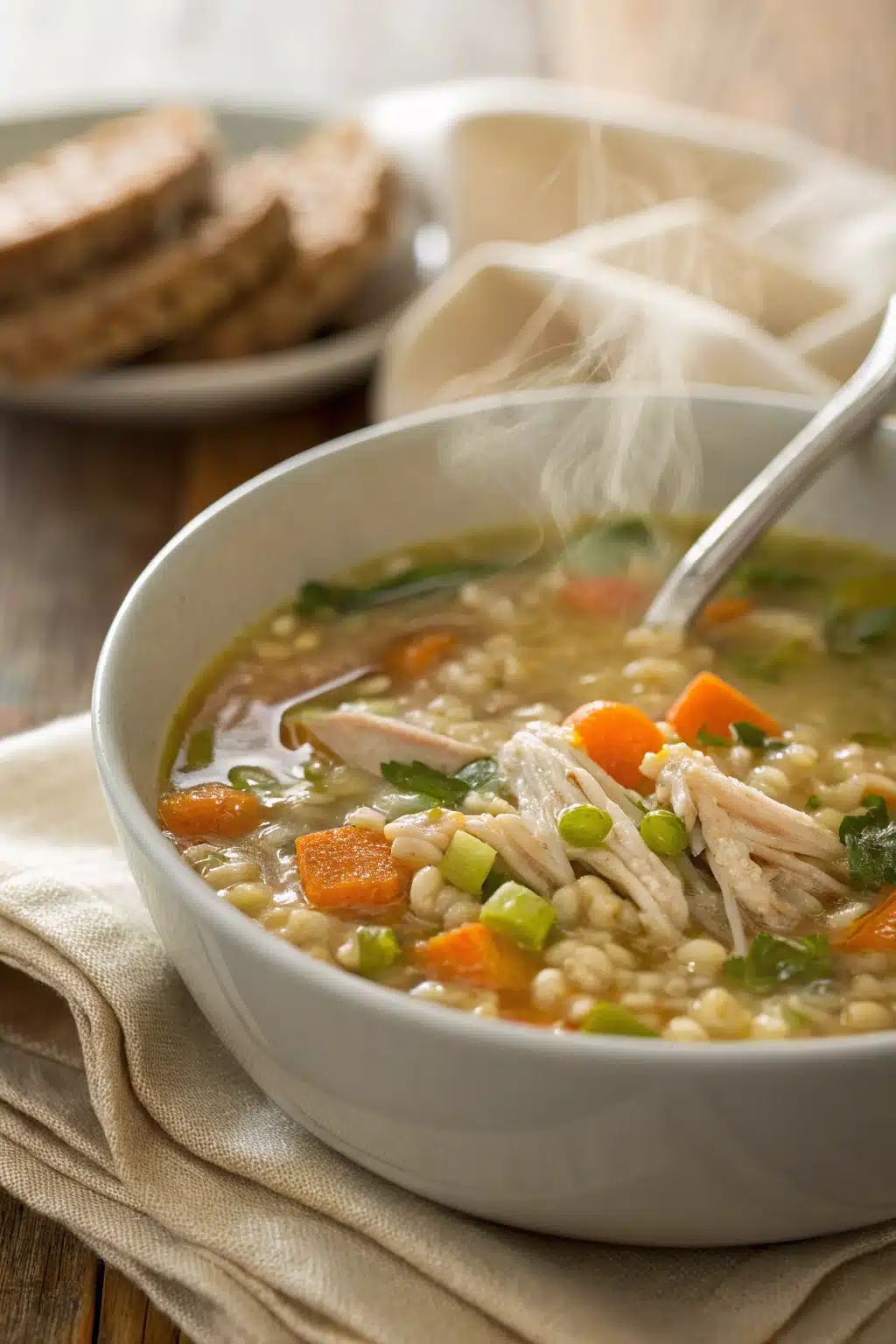 Chicken Barley Soup slice on plate showing perfect texture and swirl pattern
