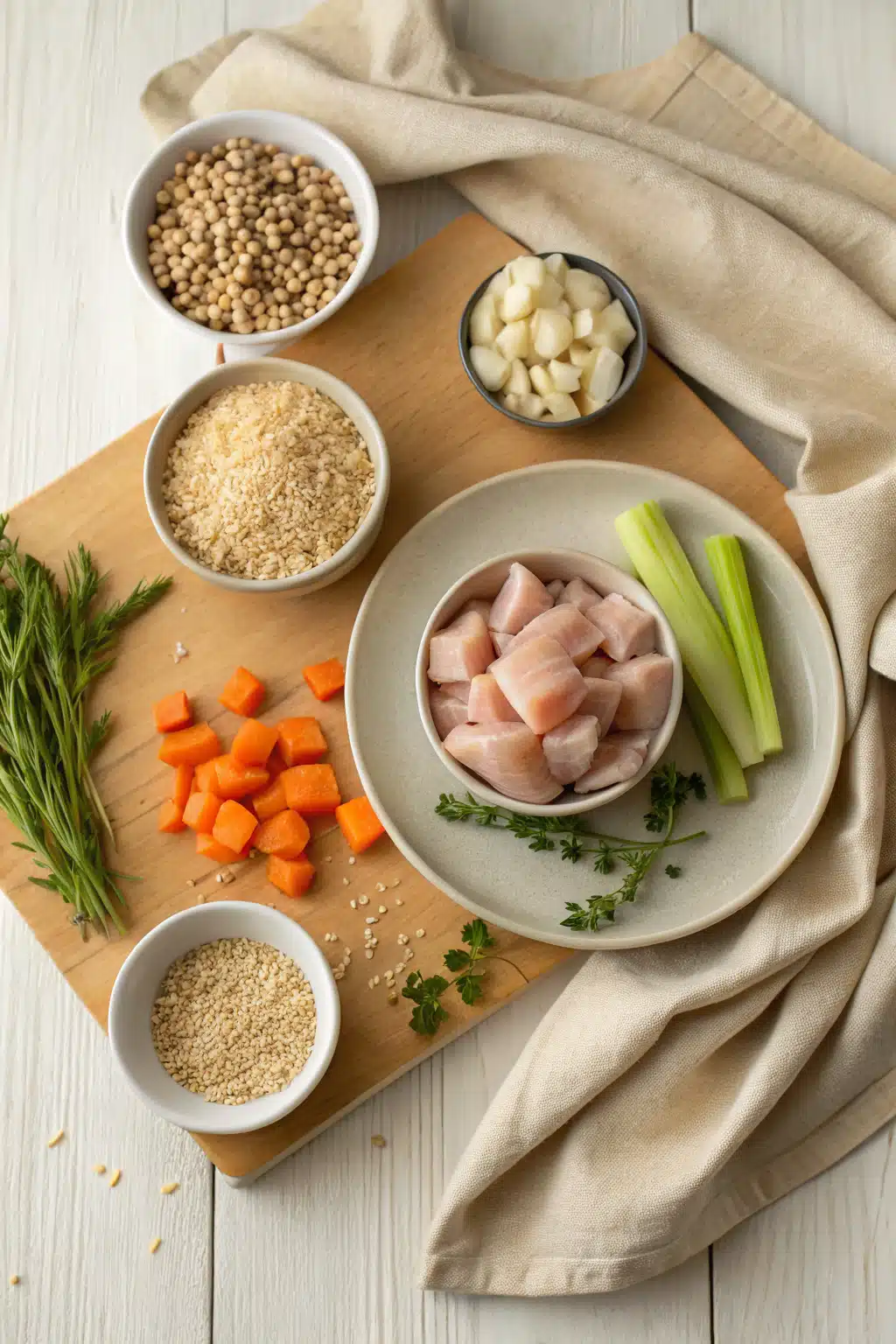 Chicken Barley Soup beautifully presented from an overhead angle