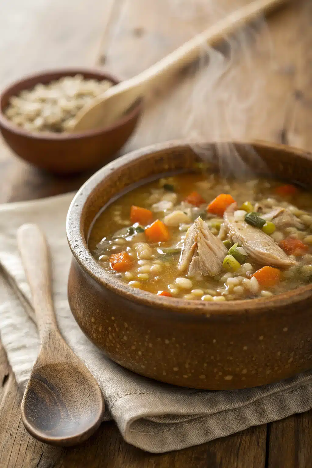 Chicken Barley Soup ingredients organized and measured on kitchen counter