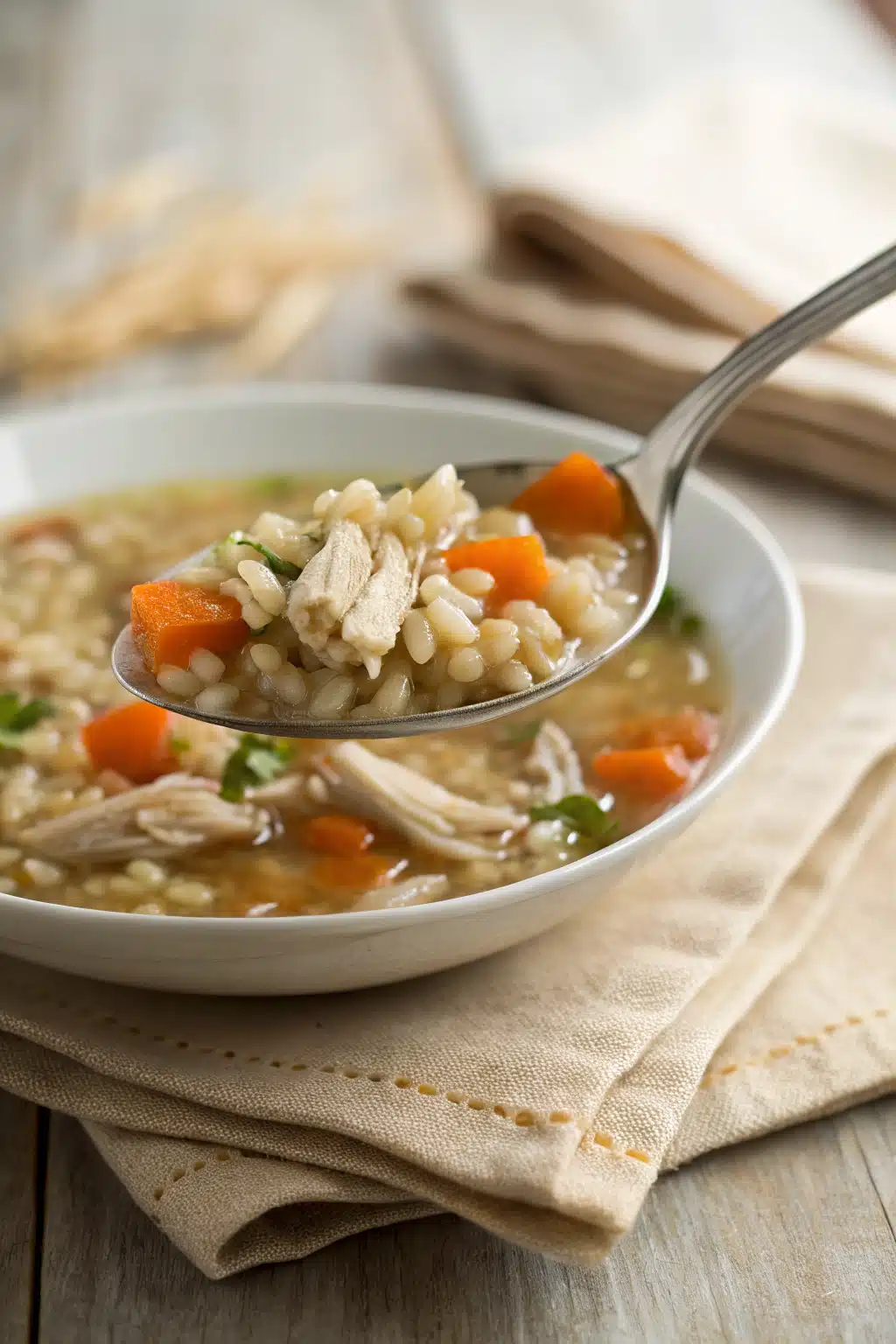 Chicken Barley Soup slice on plate showing perfect texture and swirl pattern