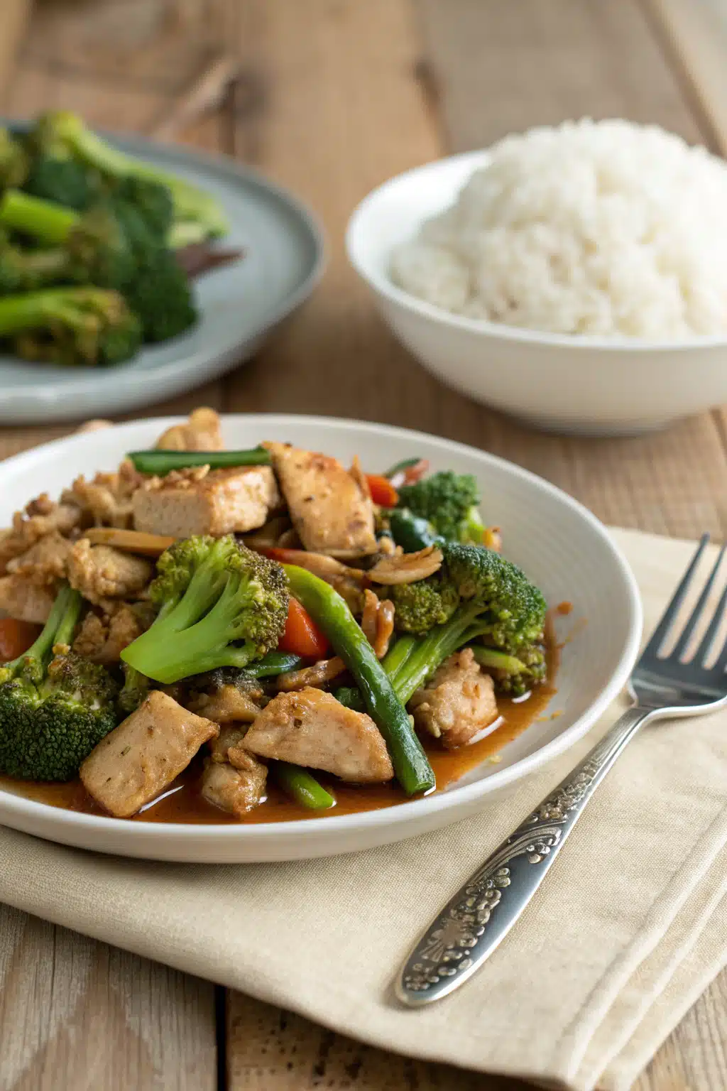 Chicken Broccoli Stir Fry ingredients organized and measured on kitchen counter