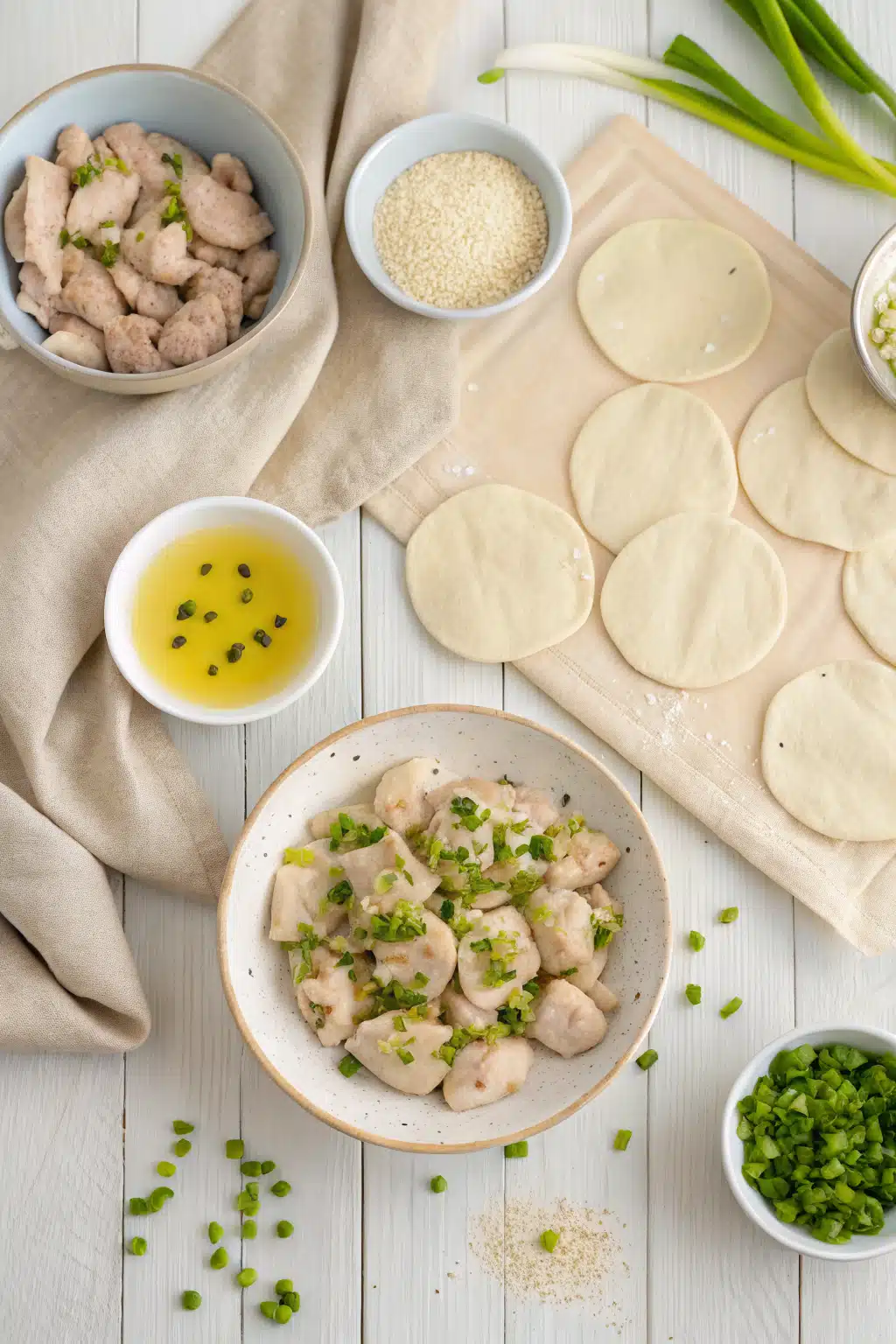 Chicken Dumplings beautifully presented from an overhead angle