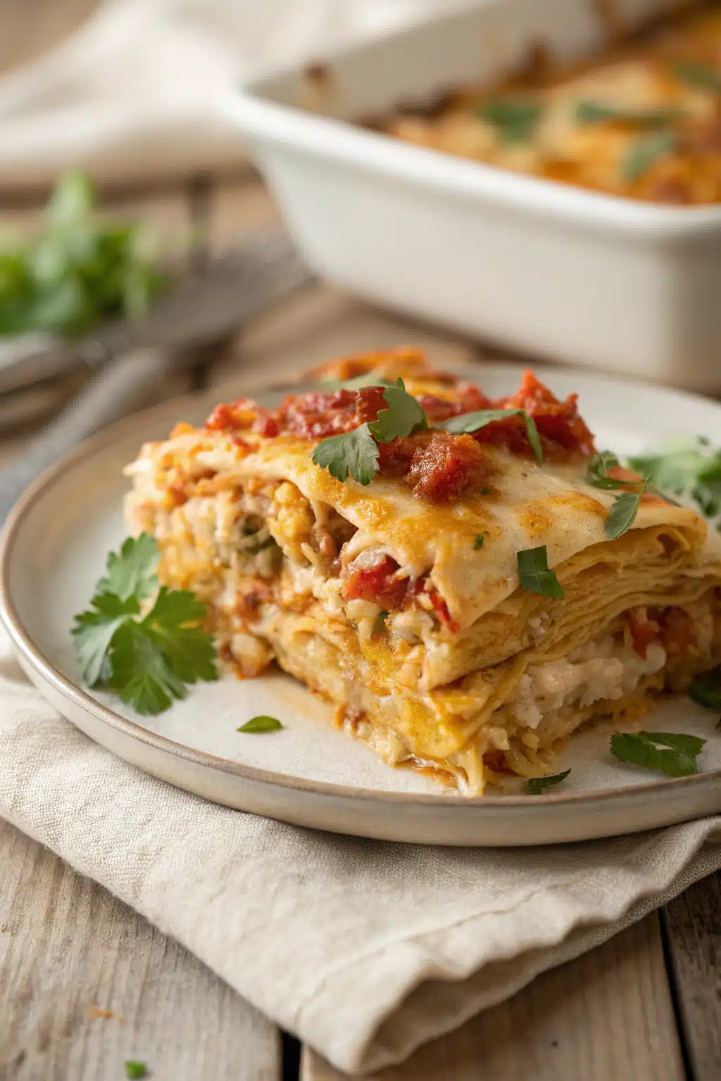 Chicken Enchilada Casserole slice on plate showing perfect texture and swirl pattern