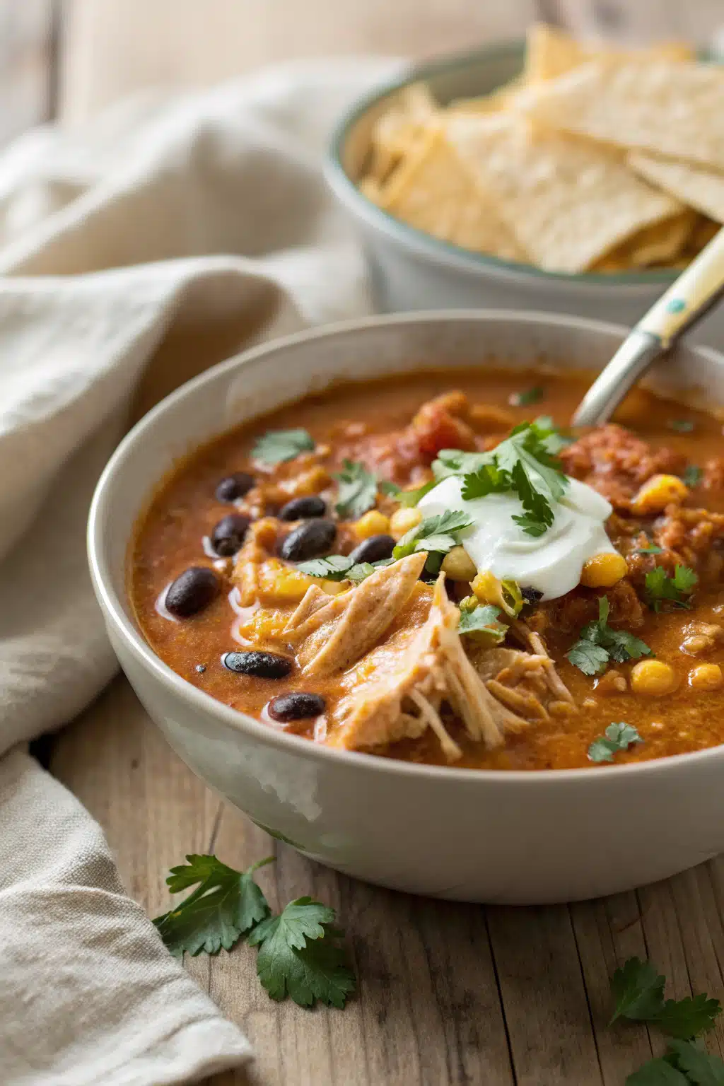 Chicken Enchilada Soup slice on plate showing perfect texture and swirl pattern