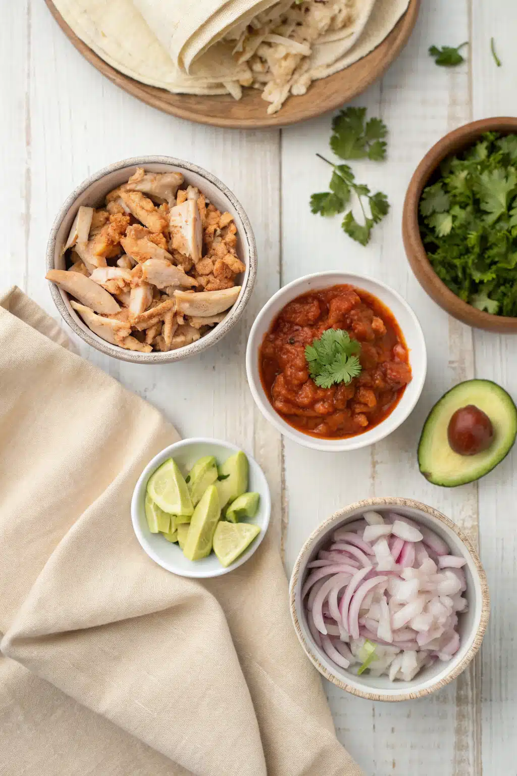 Chicken Enchiladas beautifully presented from an overhead angle