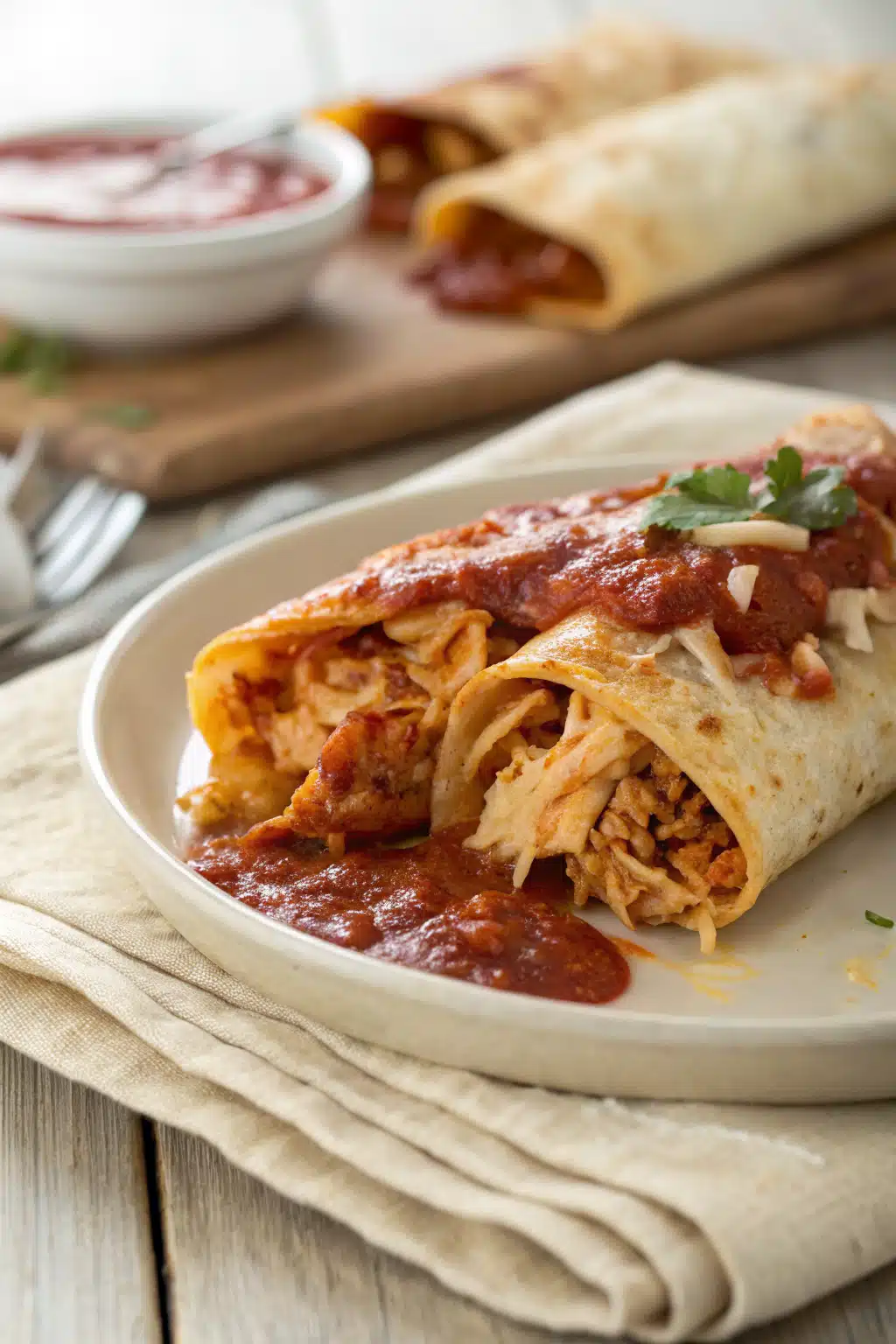 Chicken Enchiladas slice on plate showing perfect texture and swirl pattern
