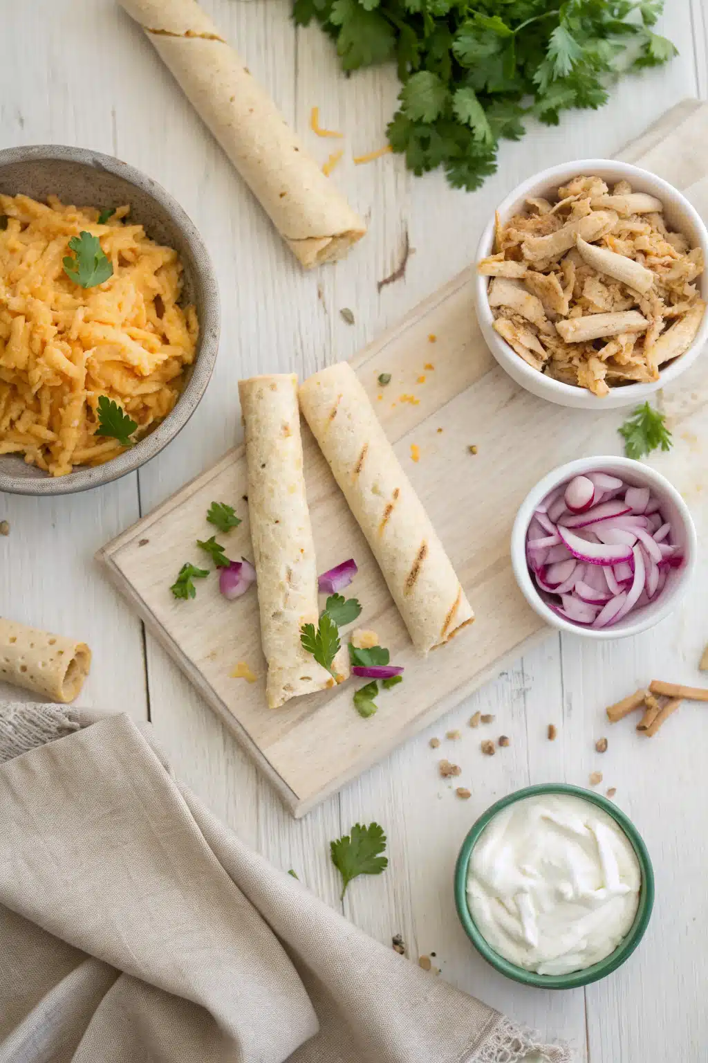 Chicken Flautas beautifully presented from an overhead angle