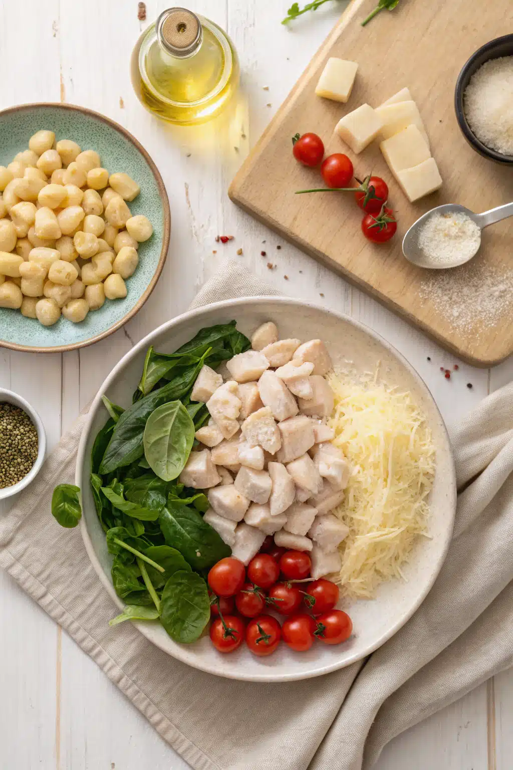 Chicken Gnocchi Soup beautifully presented from an overhead angle