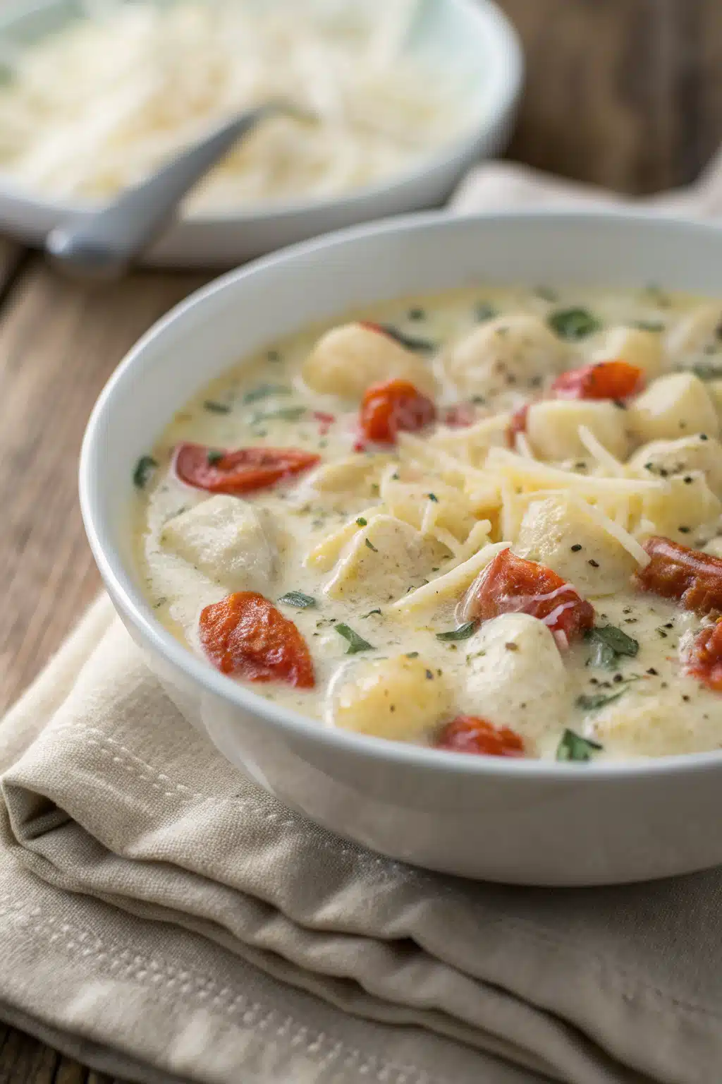 Chicken Gnocchi Soup slice on plate showing perfect texture and swirl pattern
