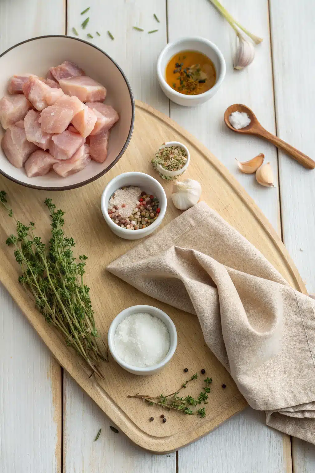 Chicken in White Wine Sauce beautifully presented from an overhead angle