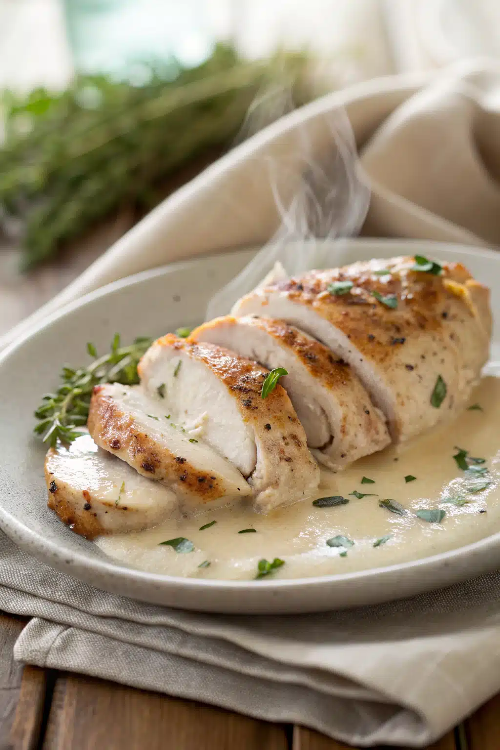 Chicken in White Wine Sauce slice on plate showing perfect texture and swirl pattern
